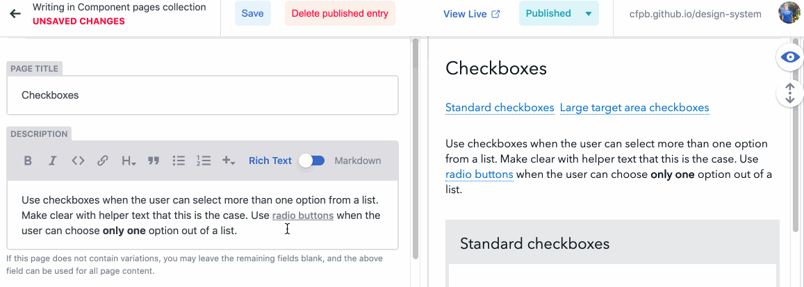 Screenshot showing how to save changes in Netlify CMS